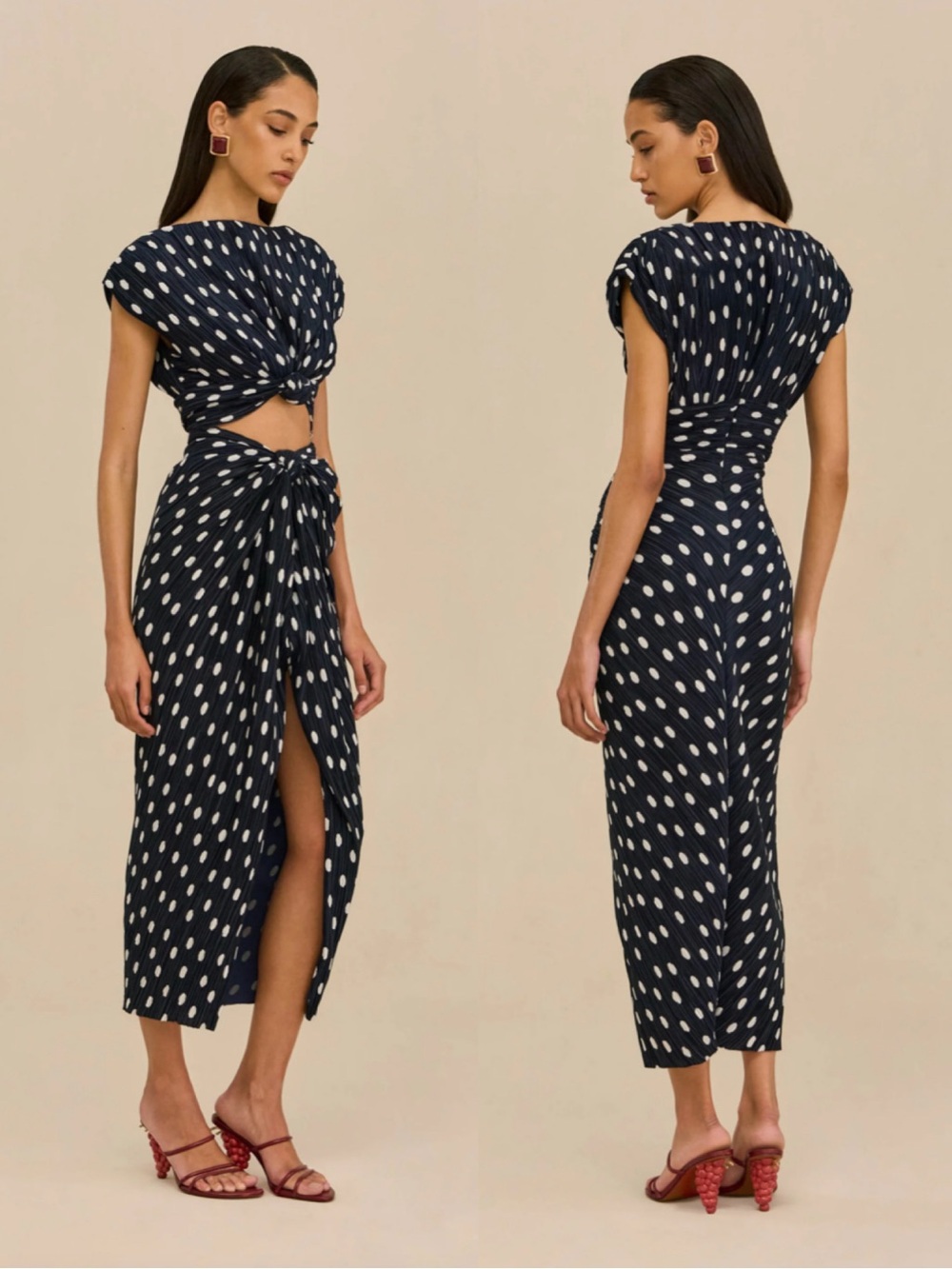 Cult Gaia Aira Navy Polka Dot Twist-Front Cutout Midi Dress Size 0 - Picture 2 of 13